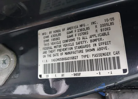 2006 Honda Accord 3.0 Ex from USA, damaged, VIN 1HGCM658X6A016827